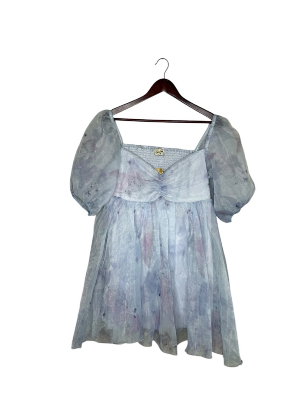 Lace & Beads Purple Abstract Floral Chiffon Puff Sleeve Babydoll Mini Dress NWT